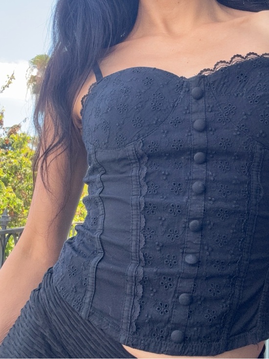 Tops - Black Lace Inspired Bustier Eyelet Button Corset Top Front Coquette Y2K S